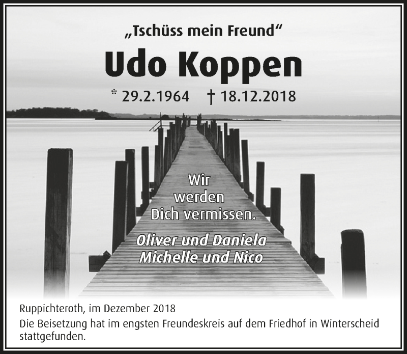  Traueranzeige für Udo Koppen vom 27.12.2018 aus  Extra Blatt 