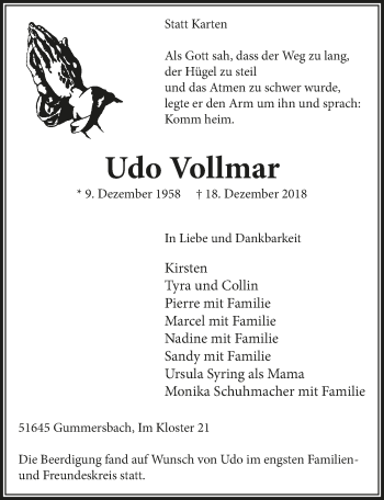 Anzeige von Udo Vollmar von  Anzeigen Echo 