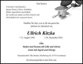 Anzeige von Ullrich Kitzka von Kölner Stadt-Anzeiger / Kölnische Rundschau / Express