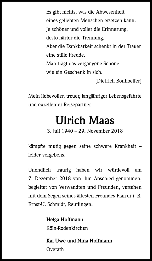  Traueranzeige für Ulrich Maas vom 15.12.2018 aus Kölner Stadt-Anzeiger / Kölnische Rundschau / Express