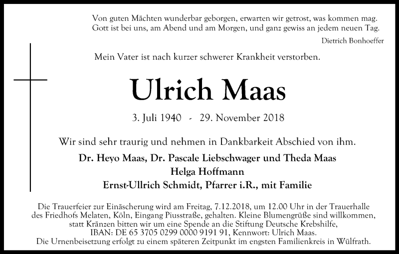  Traueranzeige für Ulrich Maas vom 05.12.2018 aus Kölner Stadt-Anzeiger / Kölnische Rundschau / Express