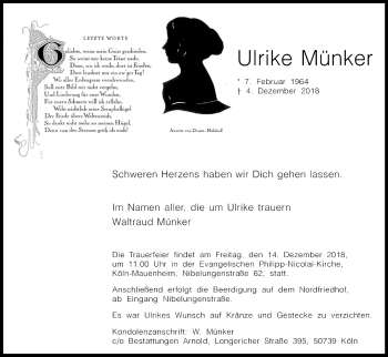 Anzeige von Ulrike Münker von Kölner Stadt-Anzeiger / Kölnische Rundschau / Express