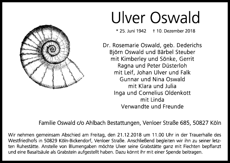 Traueranzeige für Ulver Oswald vom 15.12.2018 aus Kölner Stadt-Anzeiger / Kölnische Rundschau / Express