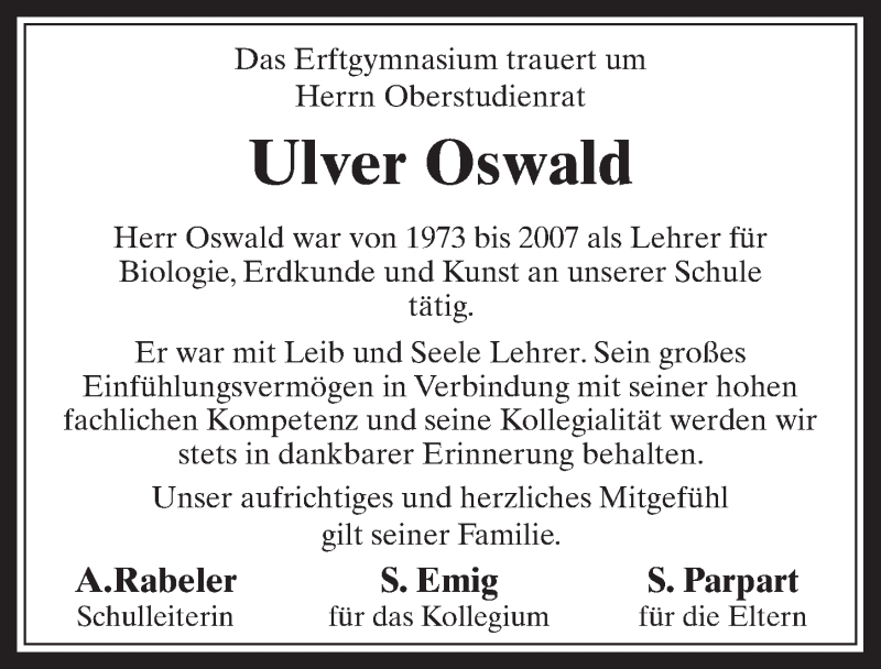  Traueranzeige für Ulver Oswald vom 15.12.2018 aus  Sonntags-Post 