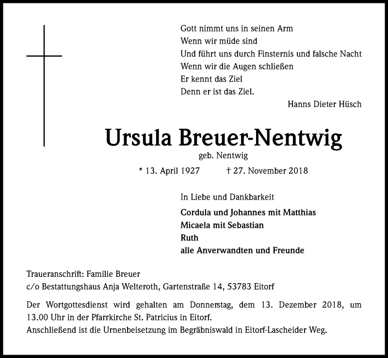  Traueranzeige für Ursula Breuer-Nentwig vom 08.12.2018 aus Kölner Stadt-Anzeiger / Kölnische Rundschau / Express