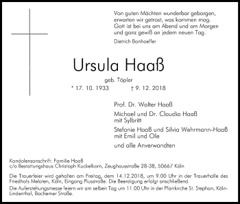 Anzeige von Ursula Haaß von Kölner Stadt-Anzeiger / Kölnische Rundschau / Express