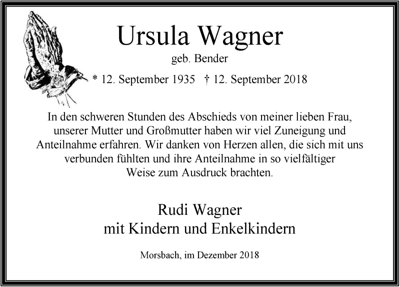  Traueranzeige für Ursula Wagner vom 19.12.2018 aus  Lokalanzeiger 