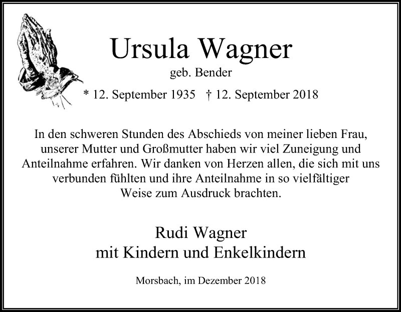  Traueranzeige für Ursula Wagner vom 22.12.2018 aus Kölner Stadt-Anzeiger / Kölnische Rundschau / Express