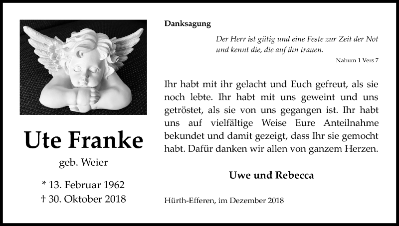  Traueranzeige für Ute Franke vom 19.12.2018 aus Kölner Stadt-Anzeiger / Kölnische Rundschau / Express