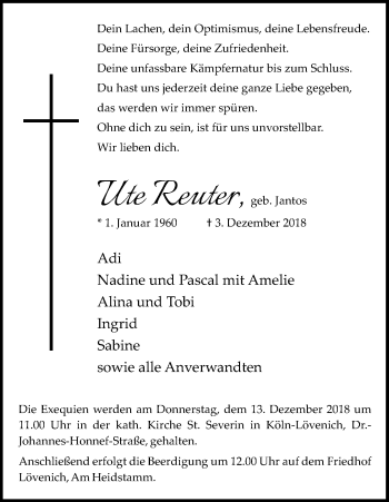 Anzeige von Ute Reuter von Kölner Stadt-Anzeiger / Kölnische Rundschau / Express