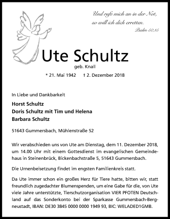 Anzeige von Ute Schultz von Kölner Stadt-Anzeiger / Kölnische Rundschau / Express