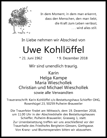 Anzeige von Uwe Kohllöffel von Kölner Stadt-Anzeiger / Kölnische Rundschau / Express