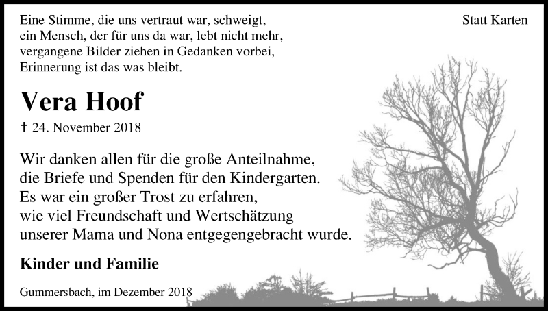  Traueranzeige für Vera Hoof vom 22.12.2018 aus Kölner Stadt-Anzeiger / Kölnische Rundschau / Express