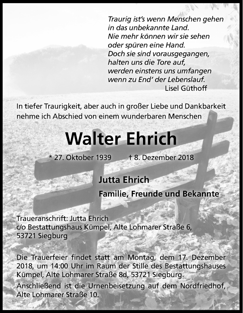  Traueranzeige für Walter Ehrich vom 13.12.2018 aus Kölner Stadt-Anzeiger / Kölnische Rundschau / Express