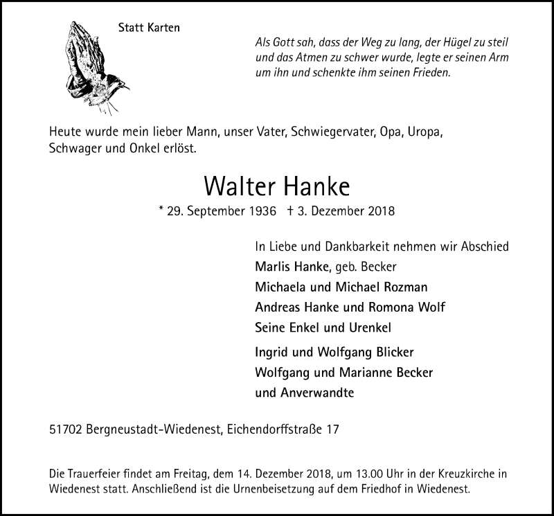  Traueranzeige für Walter Hanke vom 12.12.2018 aus  Anzeigen Echo 