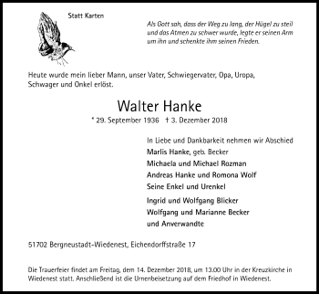 Anzeige von Walter Hanke von Kölner Stadt-Anzeiger / Kölnische Rundschau / Express
