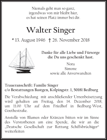 Anzeige von Walter Singer von  Werbepost 