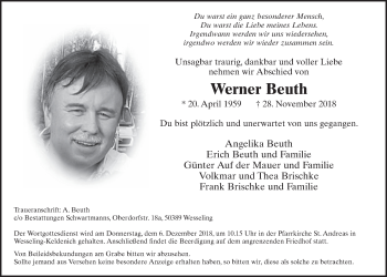 Anzeige von Werner Beuth von  Schlossbote/Werbekurier 
