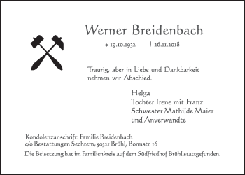 Anzeige von Werner Breidenbach von  Schlossbote/Werbekurier 