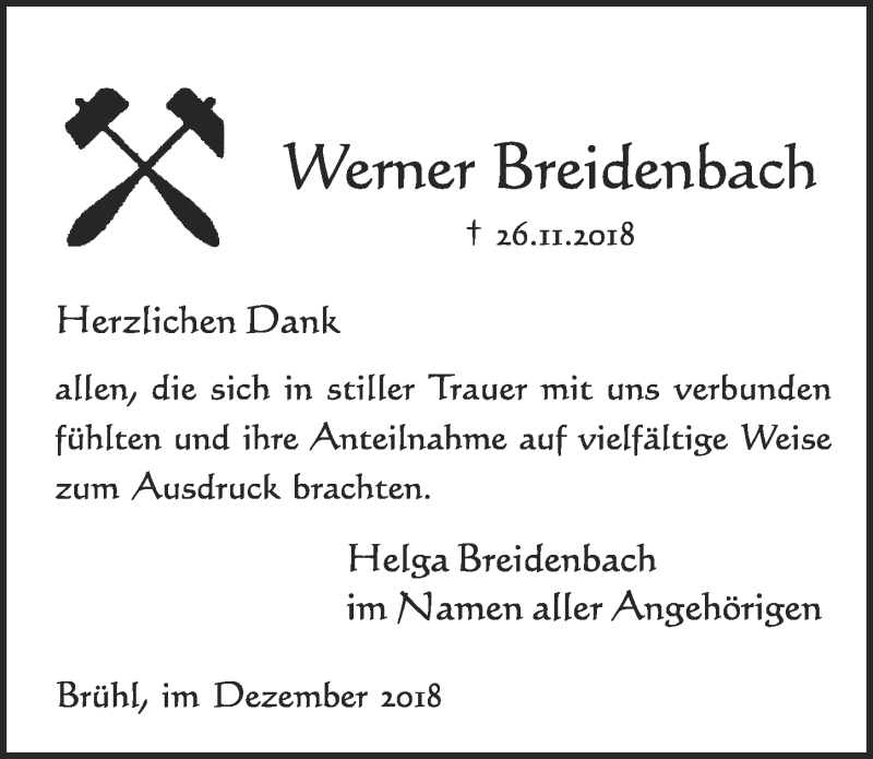  Traueranzeige für Werner Breidenbach vom 12.12.2018 aus  Schlossbote/Werbekurier 