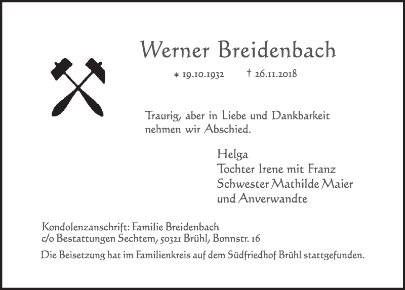 Traueranzeige für Werner Breidenbach vom 05.12.2018 aus  Schlossbote/Werbekurier 