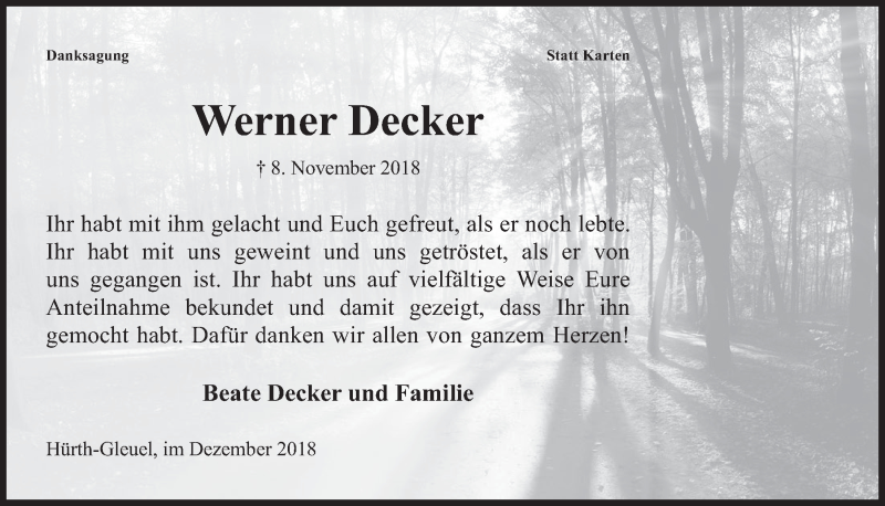  Traueranzeige für Werner Decker vom 12.12.2018 aus  Wochenende 