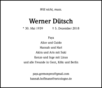 Anzeige von Werner Dütsch von Kölner Stadt-Anzeiger / Kölnische Rundschau / Express