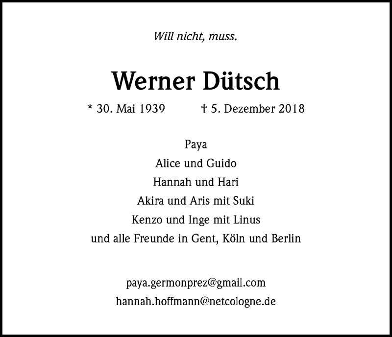  Traueranzeige für Werner Dütsch vom 08.12.2018 aus Kölner Stadt-Anzeiger / Kölnische Rundschau / Express