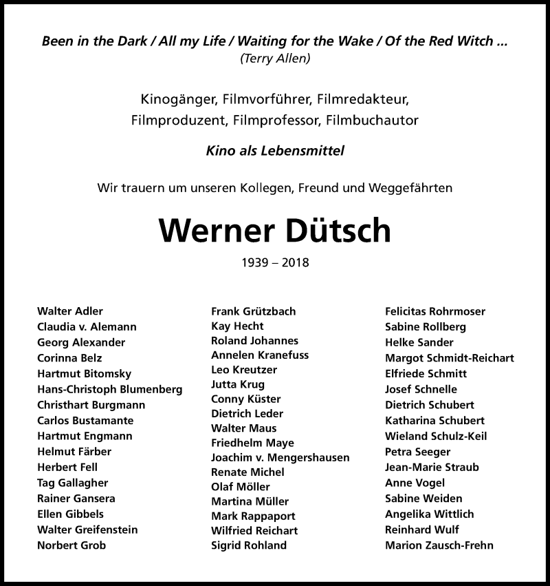  Traueranzeige für Werner Dütsch vom 15.12.2018 aus Kölner Stadt-Anzeiger / Kölnische Rundschau / Express