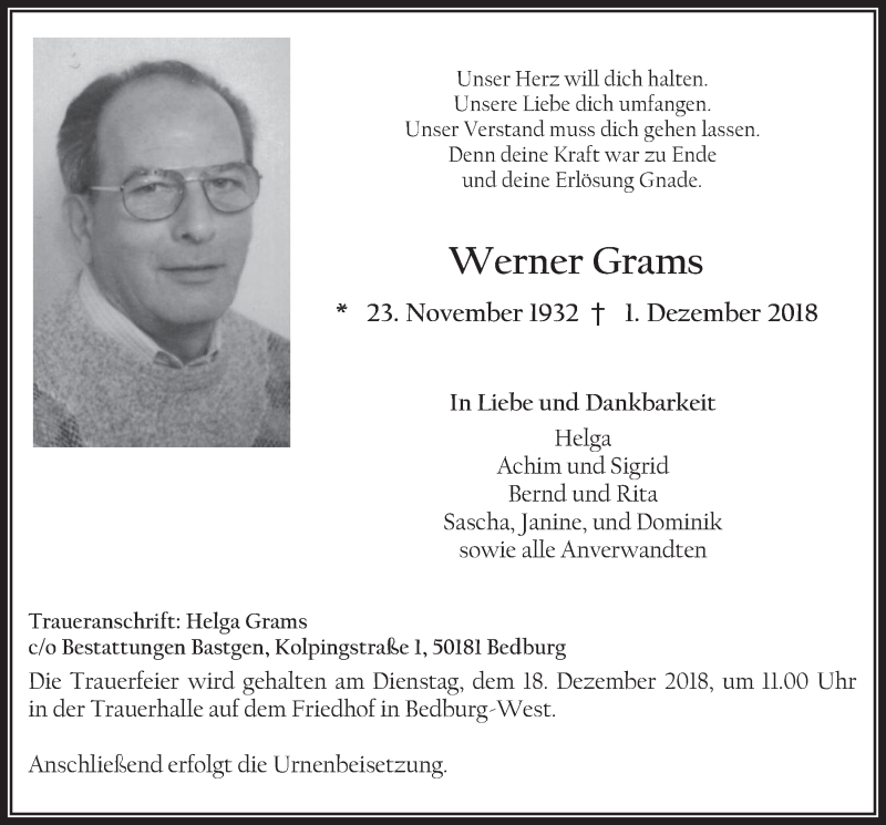  Traueranzeige für Werner Grams vom 12.12.2018 aus  Werbepost 