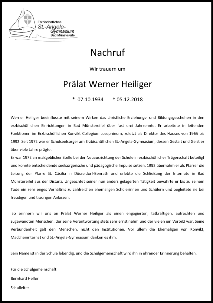  Traueranzeige für Werner Heiliger vom 12.12.2018 aus Kölner Stadt-Anzeiger / Kölnische Rundschau / Express