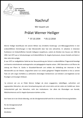 Anzeige von Werner Heiliger von Kölner Stadt-Anzeiger / Kölnische Rundschau / Express
