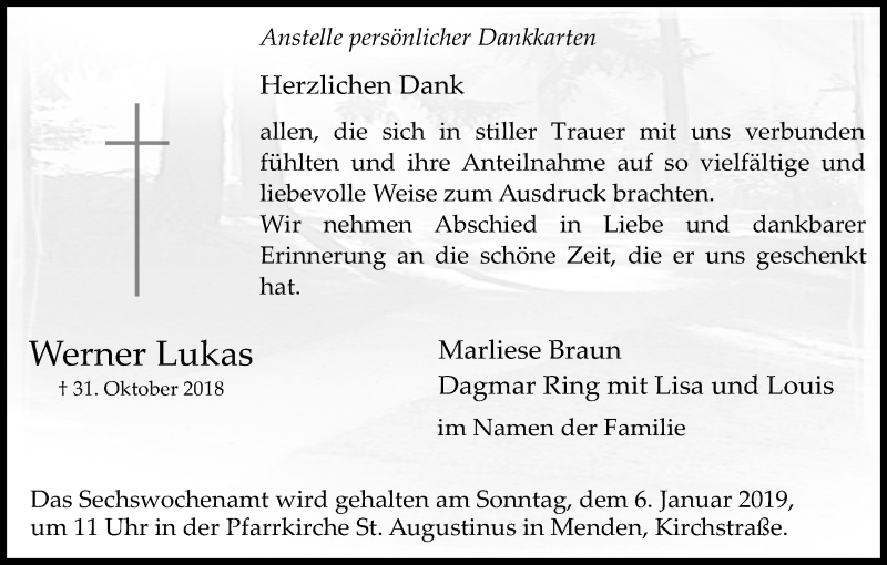  Traueranzeige für Werner Lukas vom 22.12.2018 aus Kölner Stadt-Anzeiger / Kölnische Rundschau / Express