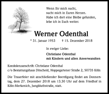 Anzeige von Werner Odenthal von Kölner Stadt-Anzeiger / Kölnische Rundschau / Express