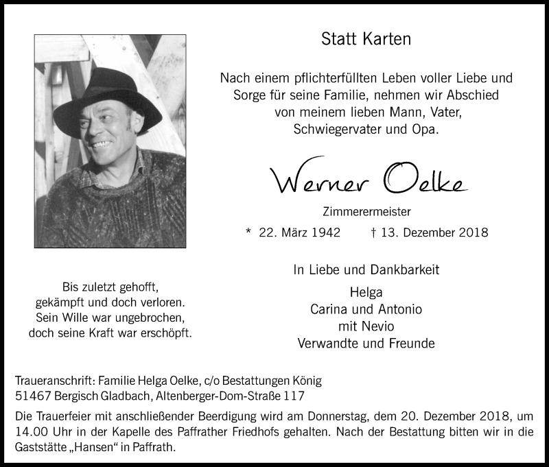  Traueranzeige für Werner Oelke vom 18.12.2018 aus Kölner Stadt-Anzeiger / Kölnische Rundschau / Express