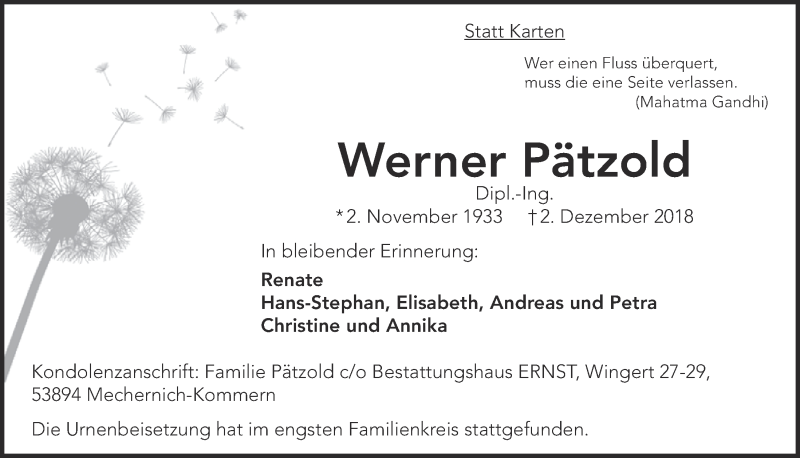 Traueranzeige für Werner Pätzold vom 22.12.2018 aus  Blickpunkt Euskirchen 