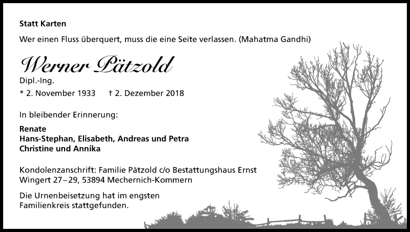  Traueranzeige für Werner Pätzold vom 22.12.2018 aus Kölner Stadt-Anzeiger / Kölnische Rundschau / Express