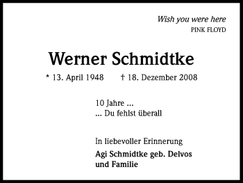 Anzeige von Werner Schmidtke von Kölner Stadt-Anzeiger / Kölnische Rundschau / Express
