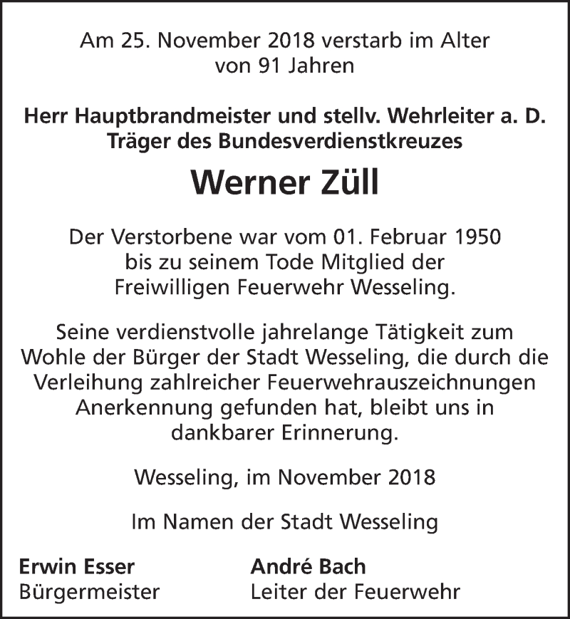  Traueranzeige für Werner Züll vom 05.12.2018 aus  Schlossbote/Werbekurier 
