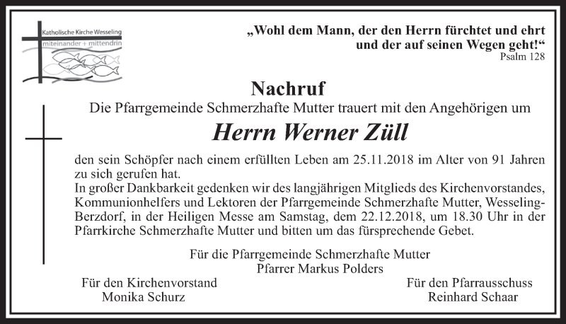  Traueranzeige für Werner Züll vom 19.12.2018 aus  Schlossbote/Werbekurier 