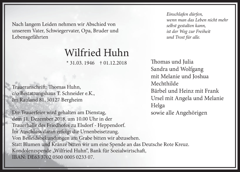  Traueranzeige für Wilfried Huhn vom 08.12.2018 aus  Sonntags-Post 