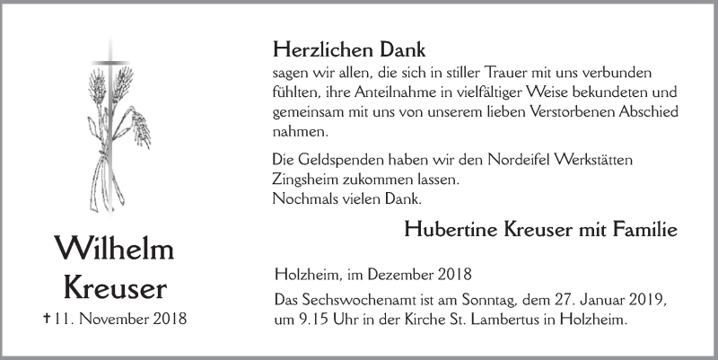  Traueranzeige für Wilhelm Kreuser vom 22.12.2018 aus  Blickpunkt Euskirchen 
