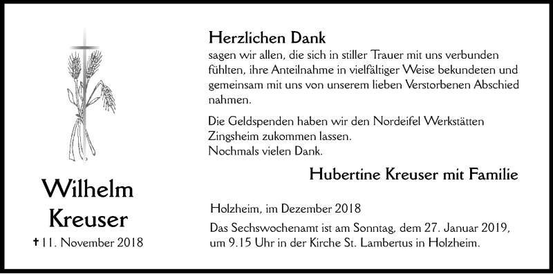  Traueranzeige für Wilhelm Kreuser vom 22.12.2018 aus Kölner Stadt-Anzeiger / Kölnische Rundschau / Express