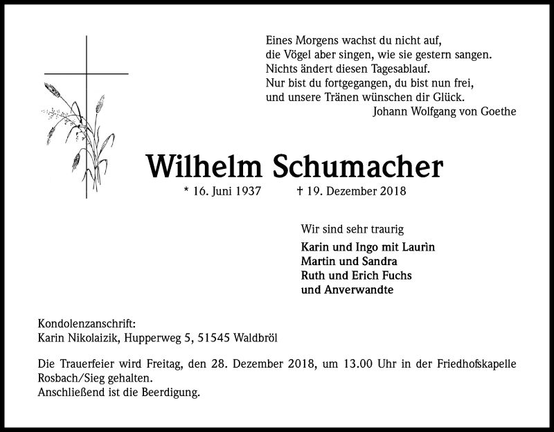  Traueranzeige für Wilhelm Schumacher vom 22.12.2018 aus Kölner Stadt-Anzeiger / Kölnische Rundschau / Express
