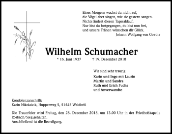 Anzeige von Wilhelm Schumacher von Kölner Stadt-Anzeiger / Kölnische Rundschau / Express