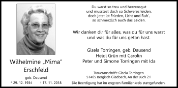 Anzeige von Wilhelmine Erschfeld von Kölner Stadt-Anzeiger / Kölnische Rundschau / Express