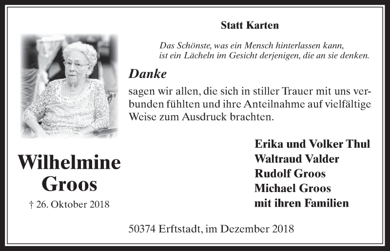  Traueranzeige für Wilhelmine Groos vom 19.12.2018 aus  Werbepost 