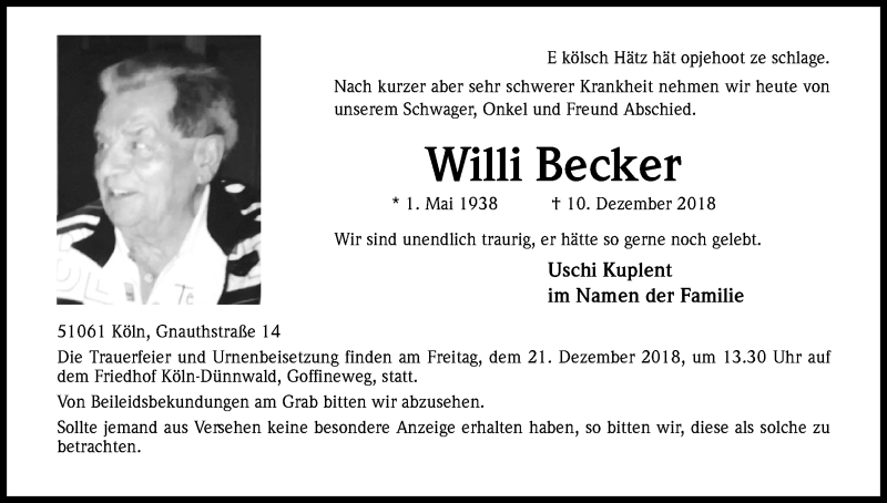  Traueranzeige für Willi Becker vom 15.12.2018 aus Kölner Stadt-Anzeiger / Kölnische Rundschau / Express