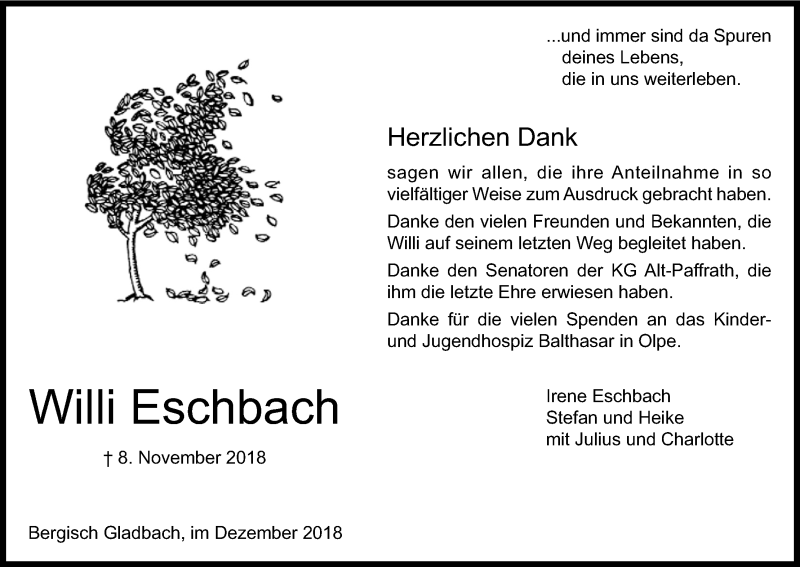  Traueranzeige für Willi Eschbach vom 19.12.2018 aus Kölner Stadt-Anzeiger / Kölnische Rundschau / Express