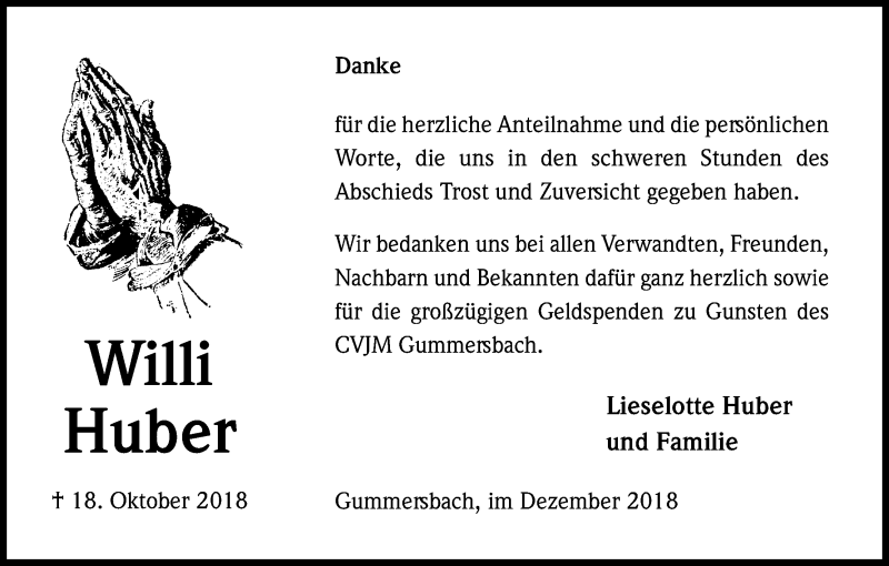  Traueranzeige für Willi Huber vom 12.12.2018 aus Kölner Stadt-Anzeiger / Kölnische Rundschau / Express
